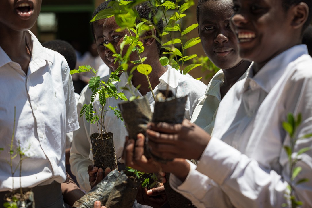 Young Root to Fruit participants holding leafy tree seedlings.