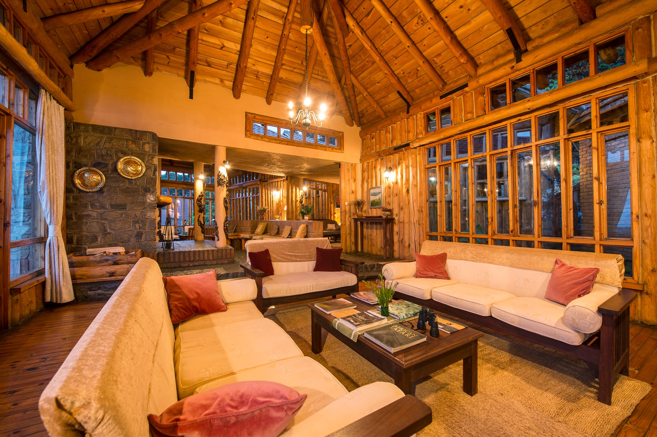The lounge at Chelinda Lodge in the evening.