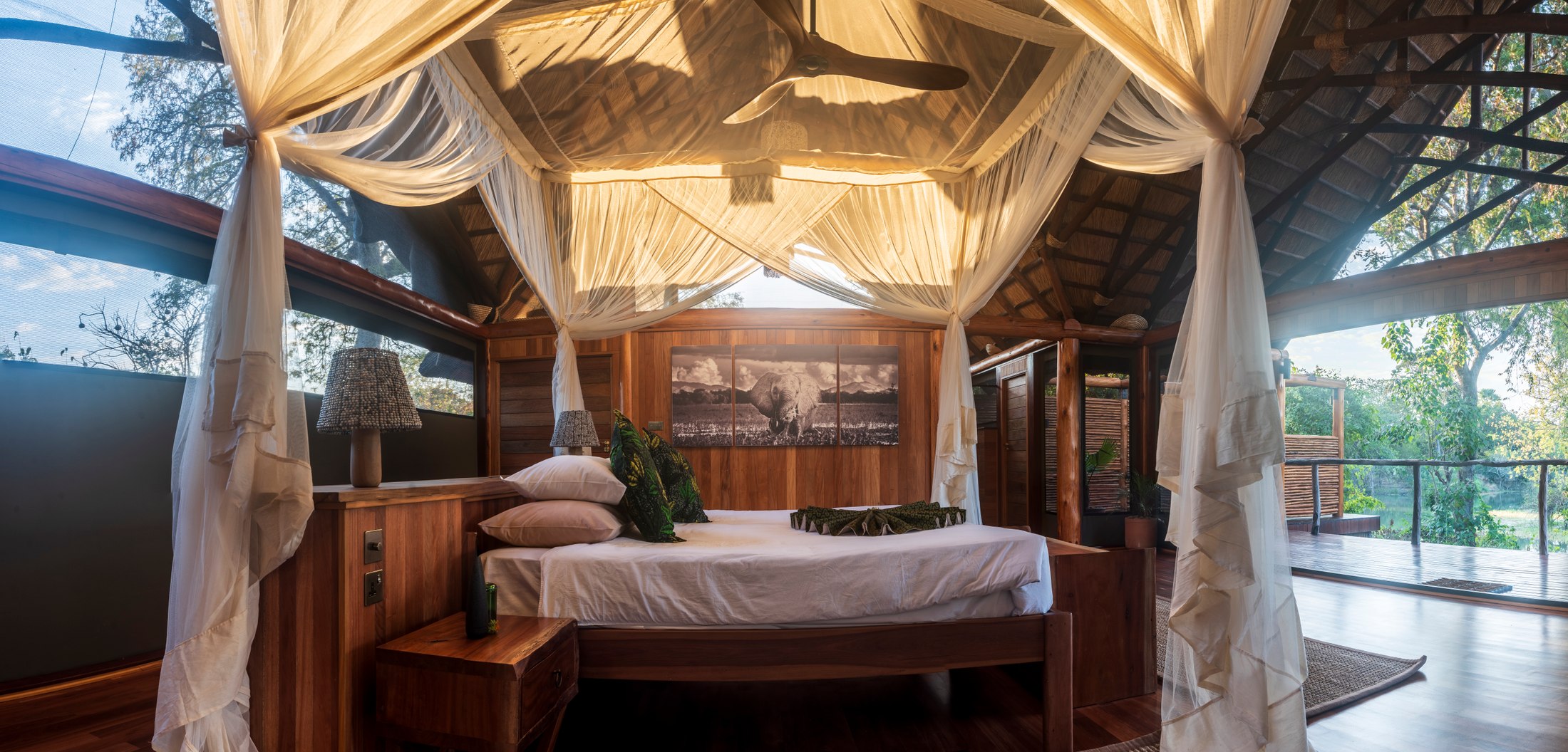 The bedroom in the Retreat Suite, Tent 8, at Mvuu Lodge.